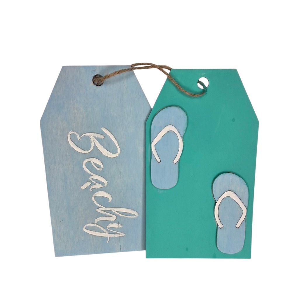 Beachy Wooden Tag Wall Decor Flip Flops Blue Teal Coastal Summer Sign 8x8.5in